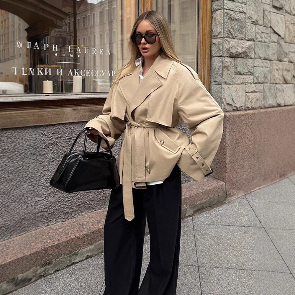 Damen elegante Übergangsjacke mit weich fließendem Schnitt und Taillengürtel R&B