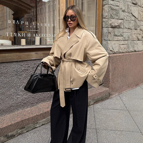 Damen elegante Übergangsjacke mit weich fließendem Schnitt und Taillengürtel R&B