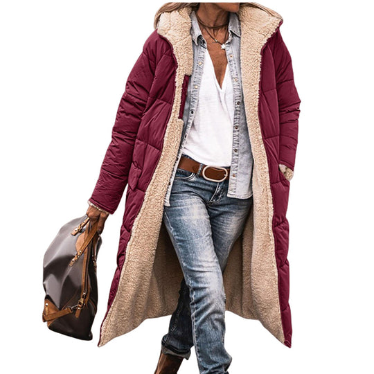 Damen lange, gefütterte Winterjacke mit Kapuze und stylischem Schnitt R&B