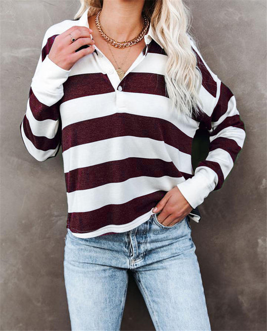 Damen lässiges Langarmshirt mit Streifenmuster und Knopfleiste R&B