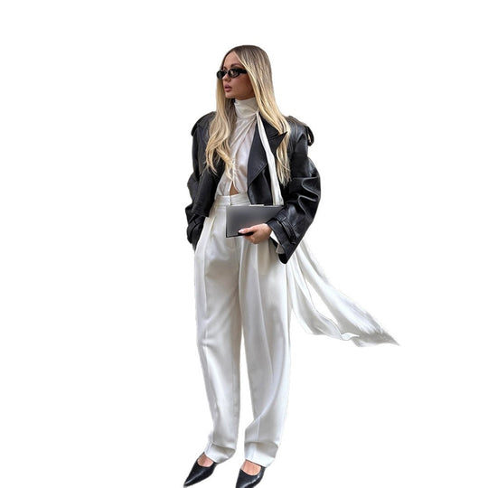 Damen Oversized Kunstlederjacke mit übergroßem Kragen und dekorativen Bindebändern R&B