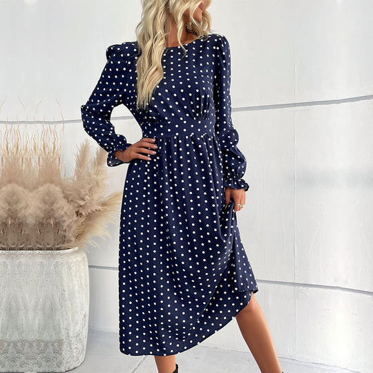 Damen Midi-Kleid mit eleganten Puffärmeln und punktiertem Design R&B
