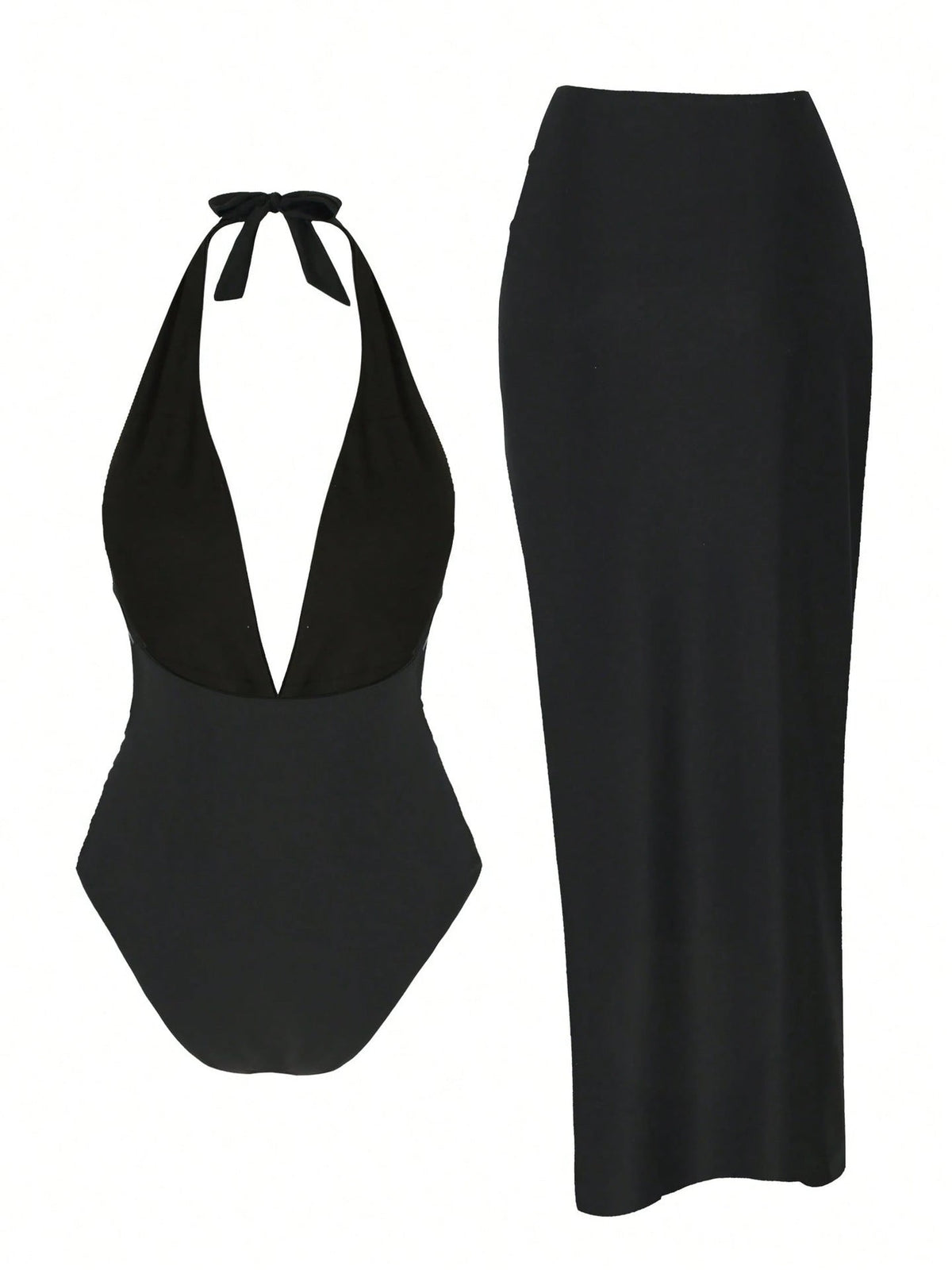 Damen elegantes Maxi-Kleid mit tiefem V-Ausschnitt und goldenen Details R&B