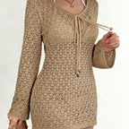 Damen Häkel-Strandkleid mit tiefem V-Ausschnitt und breiten Ärmeln R&B