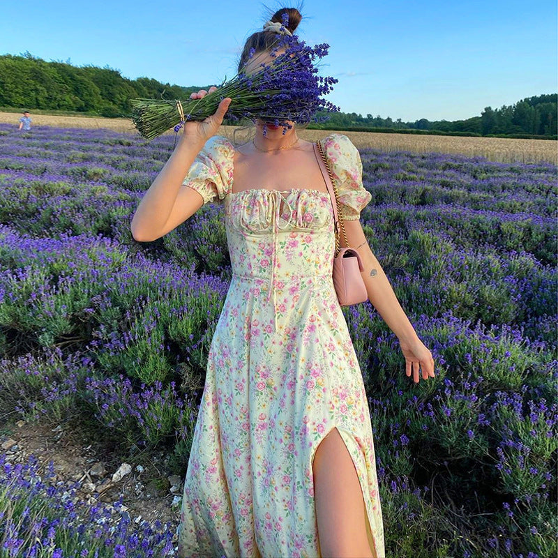 Damen Maxikleid mit Puffärmeln und floralem Cut-out-Design R&B