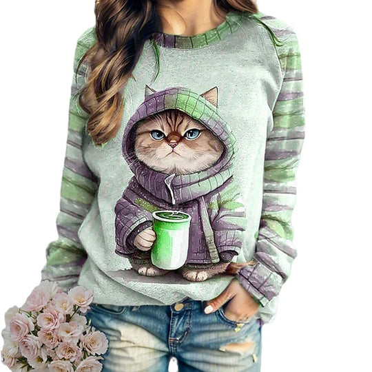 Damen nan lässiges Sweatshirt mit großem Kätzchen-Frontprint und gestreiften Raglanärmeln R&B