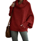 Damen lässiger Strickpullover mit weichem Stehkragen und weit geschnittenen Ärmeln R&B