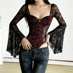 Damen Spitzen-Bodysuit mit voluminösen Ärmeln und eleganten Verzierungen R&B