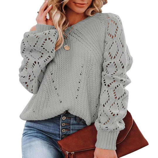 Damen Strickpullover mit romantischem Lochmuster und voluminösen Ärmeln R&B