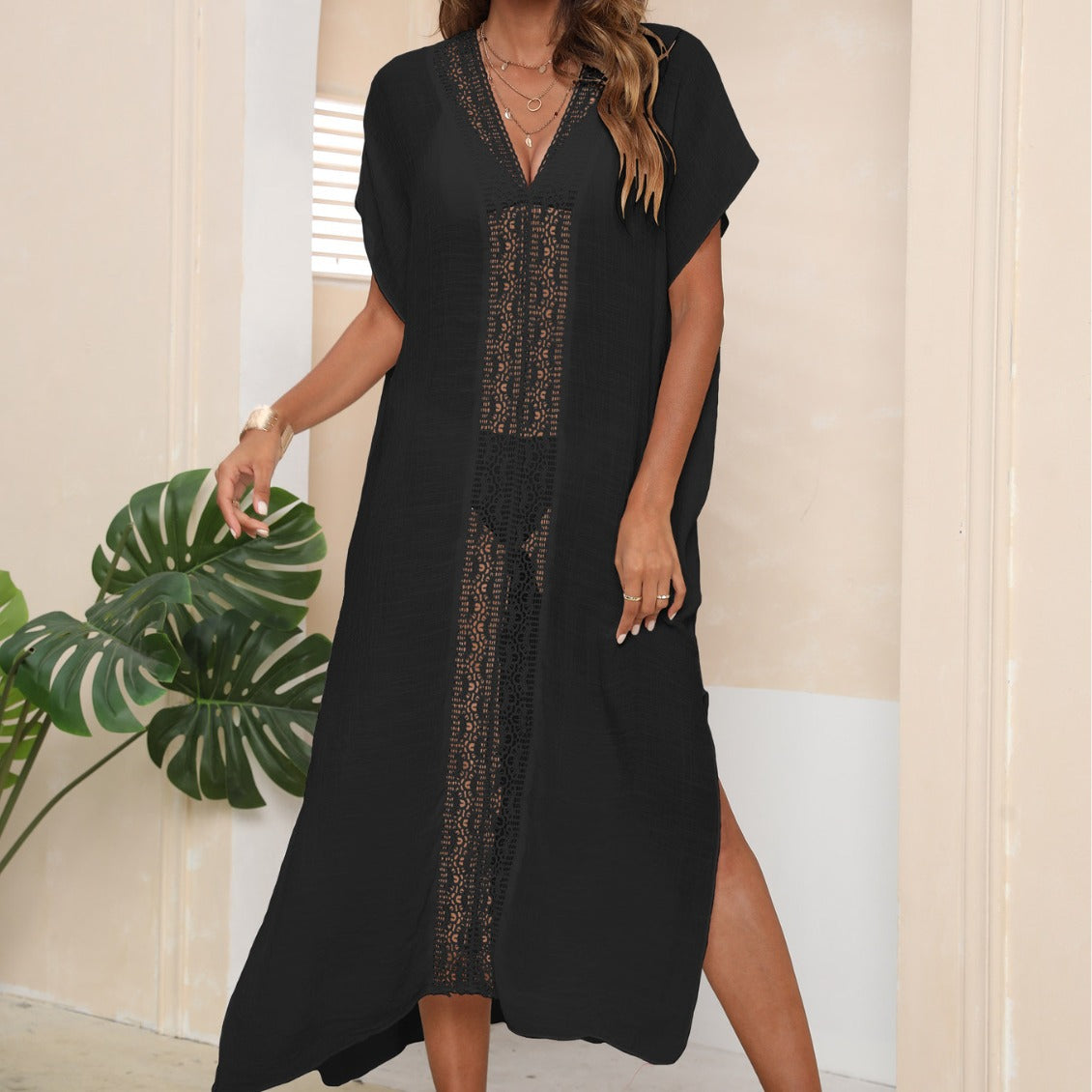 Damen eleganter Strandüberwurf mit Häkelakzenten R&B