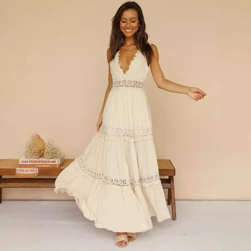 Damen Elegantes Maxikleid mit tiefem V-Ausschnitt und verspielten Häkelapplikationen R&B