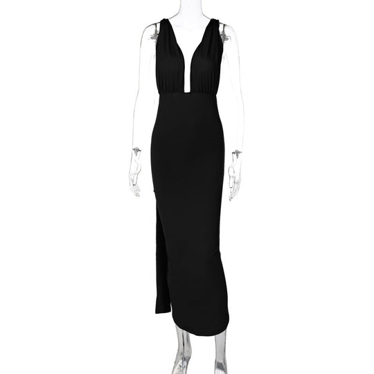 Damen Maxikleid mit tiefem V-Ausschnitt und seitlichem Schlitz R&B