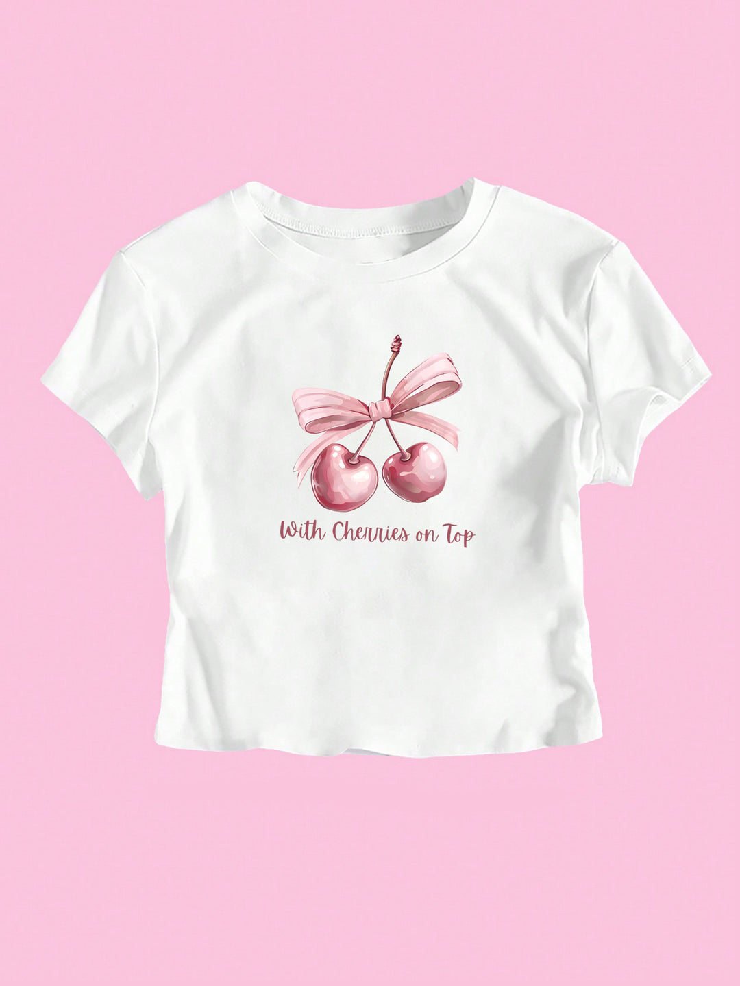 Damen Kurzarm Crop-T-Shirt mit fröhlichem Kirschmotiv und Schleifenapplikation R&B