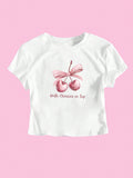 Damen Kurzarm Crop-T-Shirt mit fröhlichem Kirschmotiv und Schleifenapplikation R&B