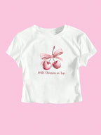 Damen Kurzarm Crop-T-Shirt mit fröhlichem Kirschmotiv und Schleifenapplikation R&B