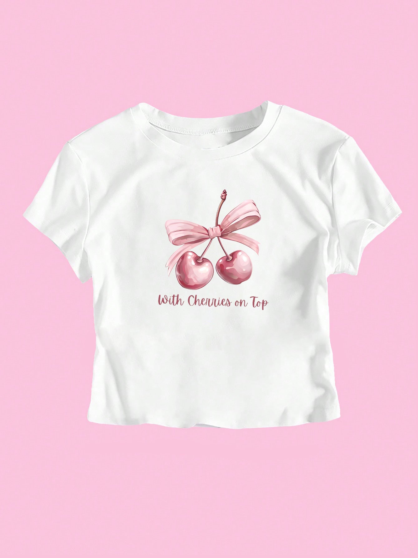 Damen Kurzarm Crop-T-Shirt mit fröhlichem Kirschmotiv und Schleifenapplikation R&B