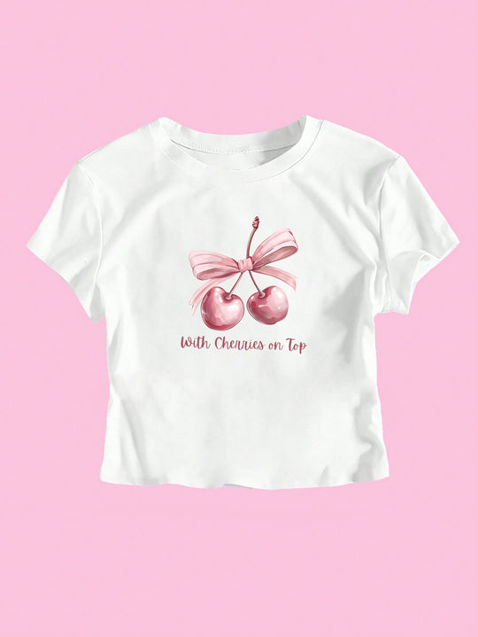 Damen Kurzarm Crop-T-Shirt mit fröhlichem Kirschmotiv und Schleifenapplikation R&B