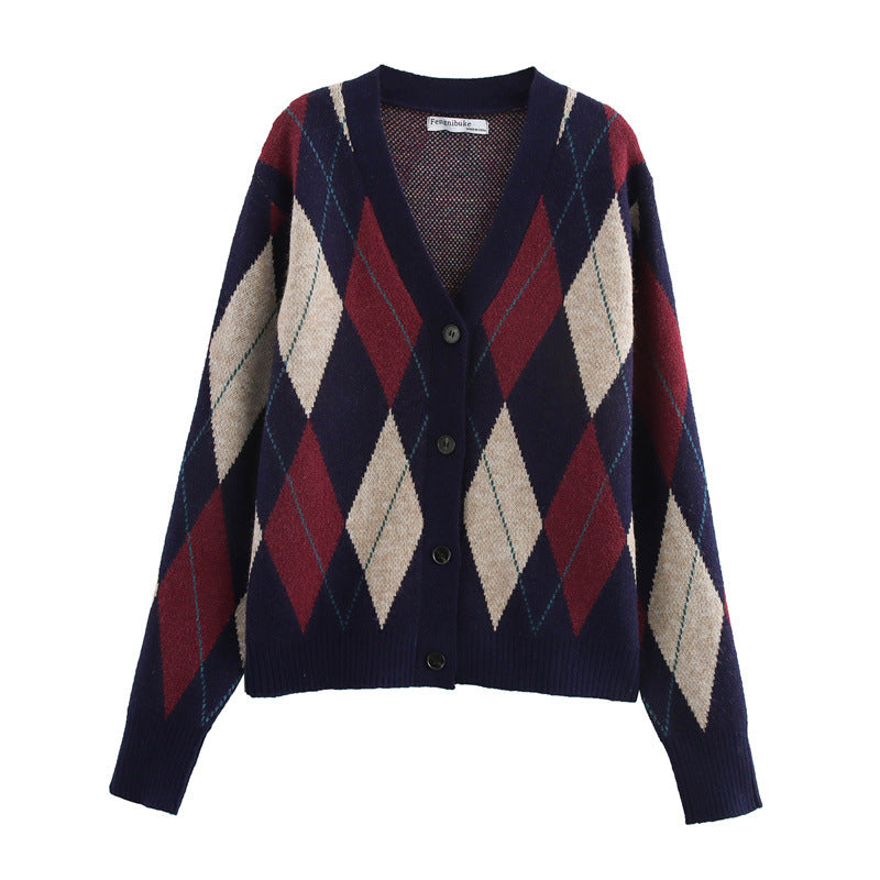 Damen gemusterte Strickjacke mit klassischen Karomotiven R&B
