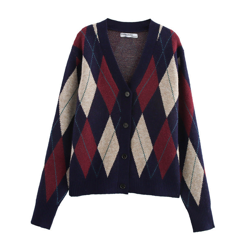 Damen gemusterte Strickjacke mit klassischen Karomotiven R&B