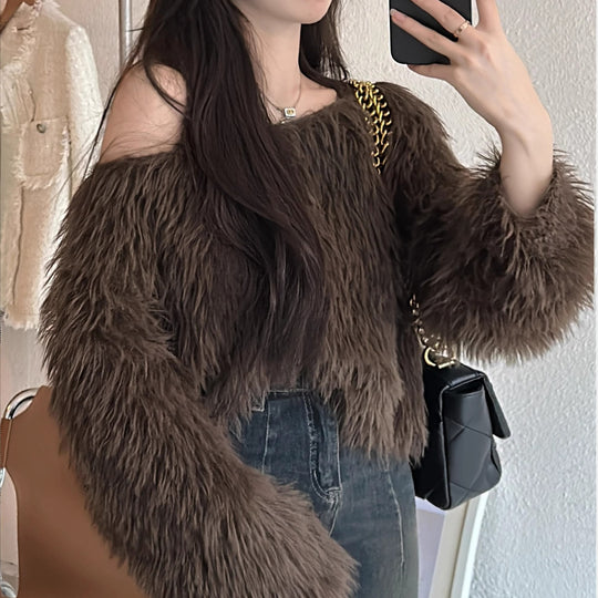 Damen Flauschiger Off-Shoulder-Pullover mit langen Ärmeln R&B