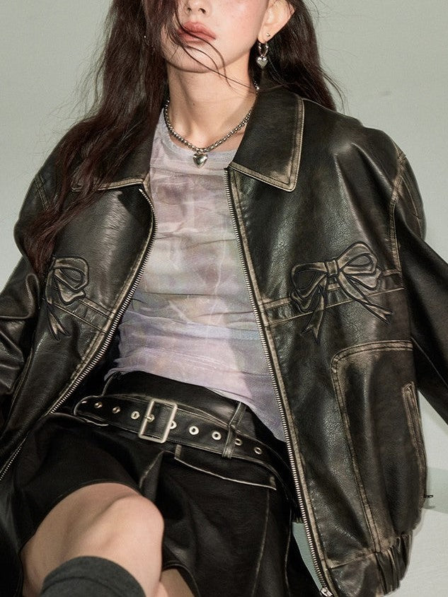 R&B | Bowknot Zip Up Lederjacke