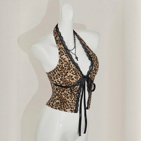 Damen Haltertop mit Spitzenverzierungen und Leopardenmuster R&B