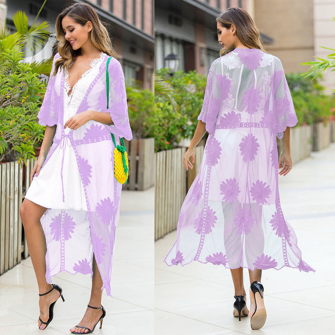 Damen elegante Häkel-Strandrobe mit floralen Details und tiefem V-Ausschnitt R&B