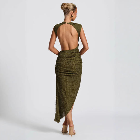 Damen figurbetontes Maxikleid mit extravagantem Rücken-Design und raffinierten Drapierungen R&B