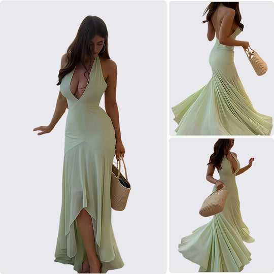 Damen Abendkleid mit tiefem V-Ausschnitt und fließendem Wasserfall-Saum R&B