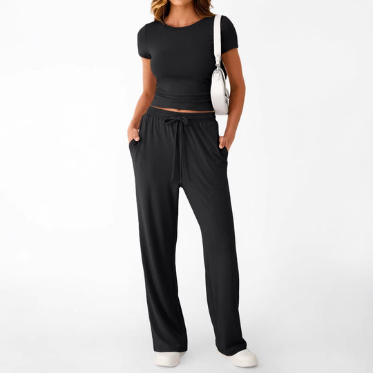 Damen lässiger Freizeitanzug mit kurzen Ärmel und weiten Hosen R&B