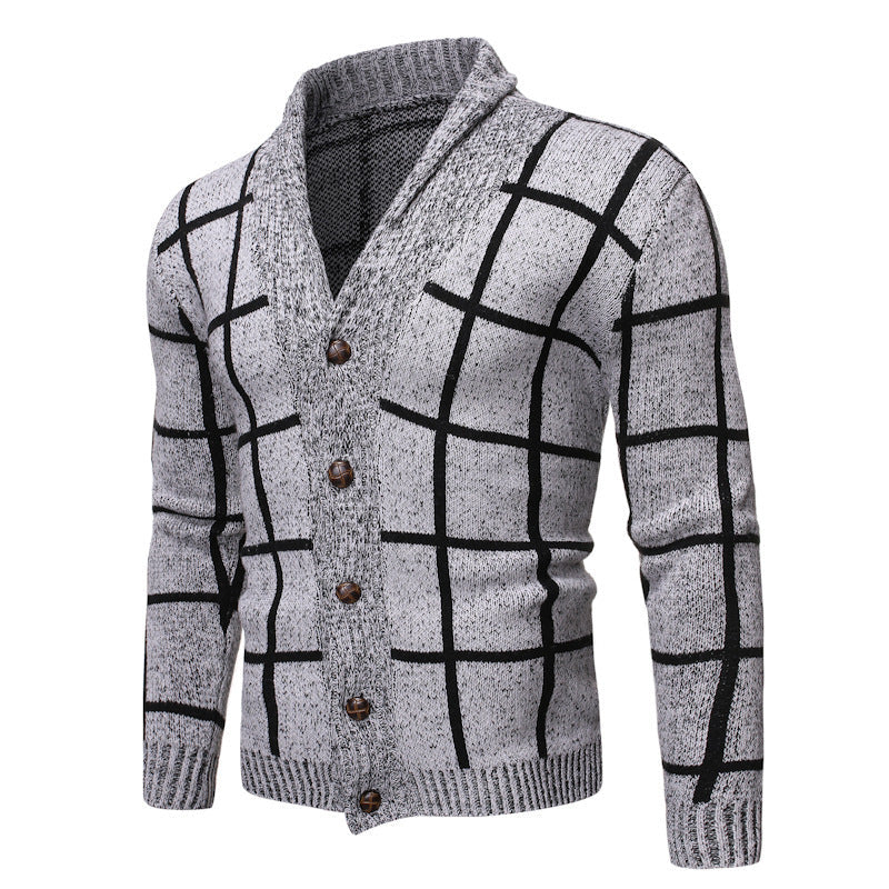 Herren modische Strickjacke mit V-Ausschnitt und modernem Karomuster R&B