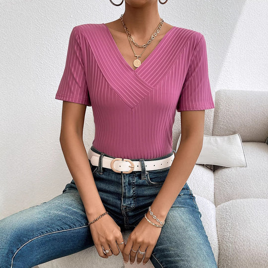 Damen lässiges V-Ausschnitt Shirt mit fließendem Design und kurzen Ärmeln R&B
