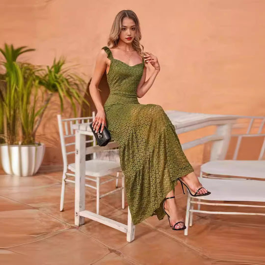 Damen Maxikleid mit exquisite Häkelstruktur und fließendem Rock R&B