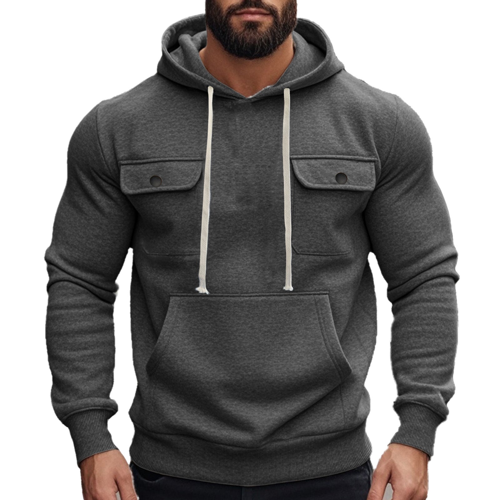 Herren nan sportiver Kapuzenpullover mit aufgesetzten Klappentaschen, Kängurutasche und schmalem Saum R&B