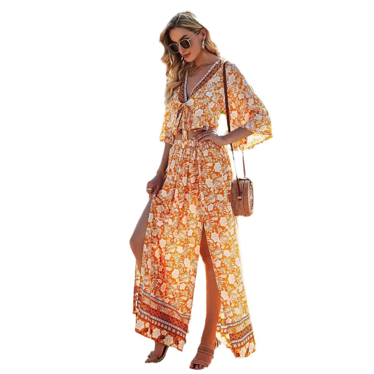 Damen Maxikleid mit floralem Boho-Design und tiefem V-Ausschnitt R&B