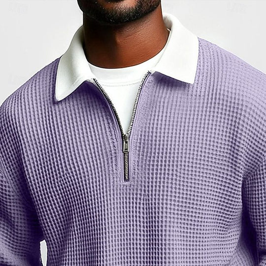 Herren nan strukturierter Waffelstrick-Pullover mit Polokragen und kurzem Reißverschluss R&B
