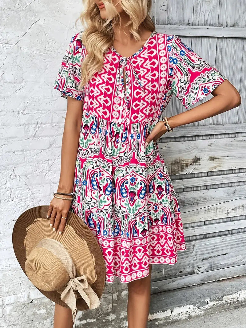Damen Sommerliches Minikleid mit V-Ausschnitt und voluminösen Ärmeln R&B