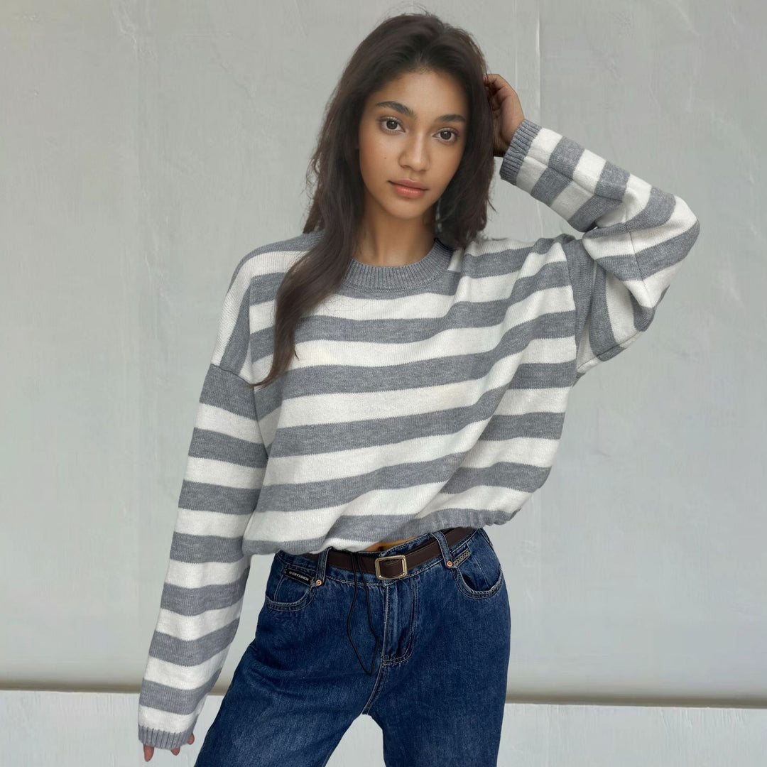 Damen Gemütlicher Ringelpullover mit lässigem Schnitt und tiefem Saum R&B