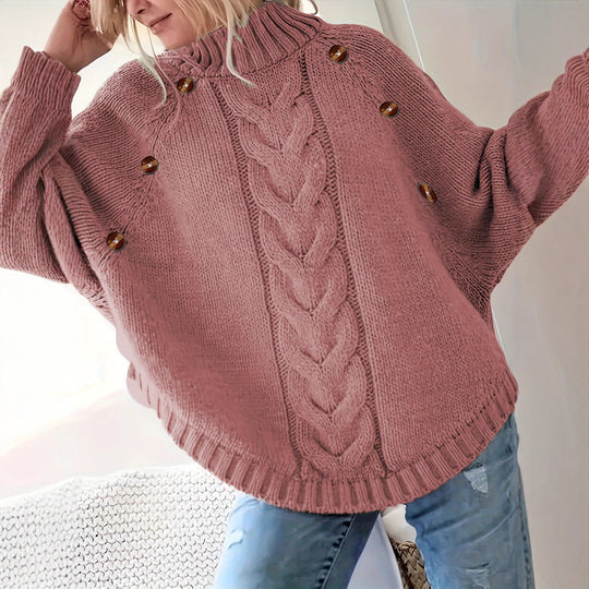 Damen Oversized Strickpullover mit Hochkragen und dekorativen Knopfdetails R&B