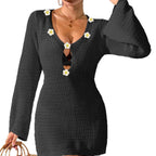 Damen lässiges Strandkleid mit dekorativem V-Ausschnitt und Blumenapplikationen R&B