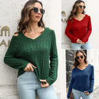 Damen Strickpullover mit lässigem V-Ausschnitt und offenen Schultern R&B
