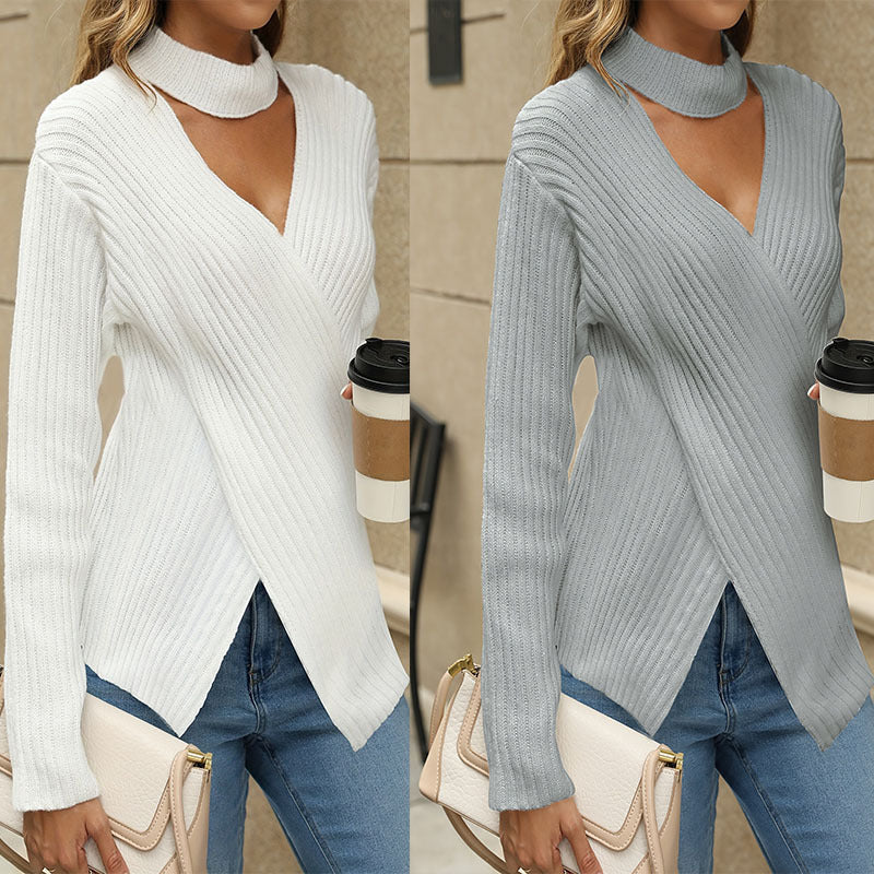 Damen modischer asymmetrischer Strickpullover mit hochgeschlossenem Kragen und Rippstruktur R&B