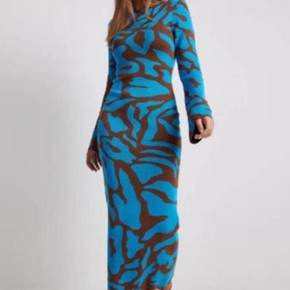 Damen Elegantes Maxi-Kleid mit spannendem Muster und langem Arm R&B