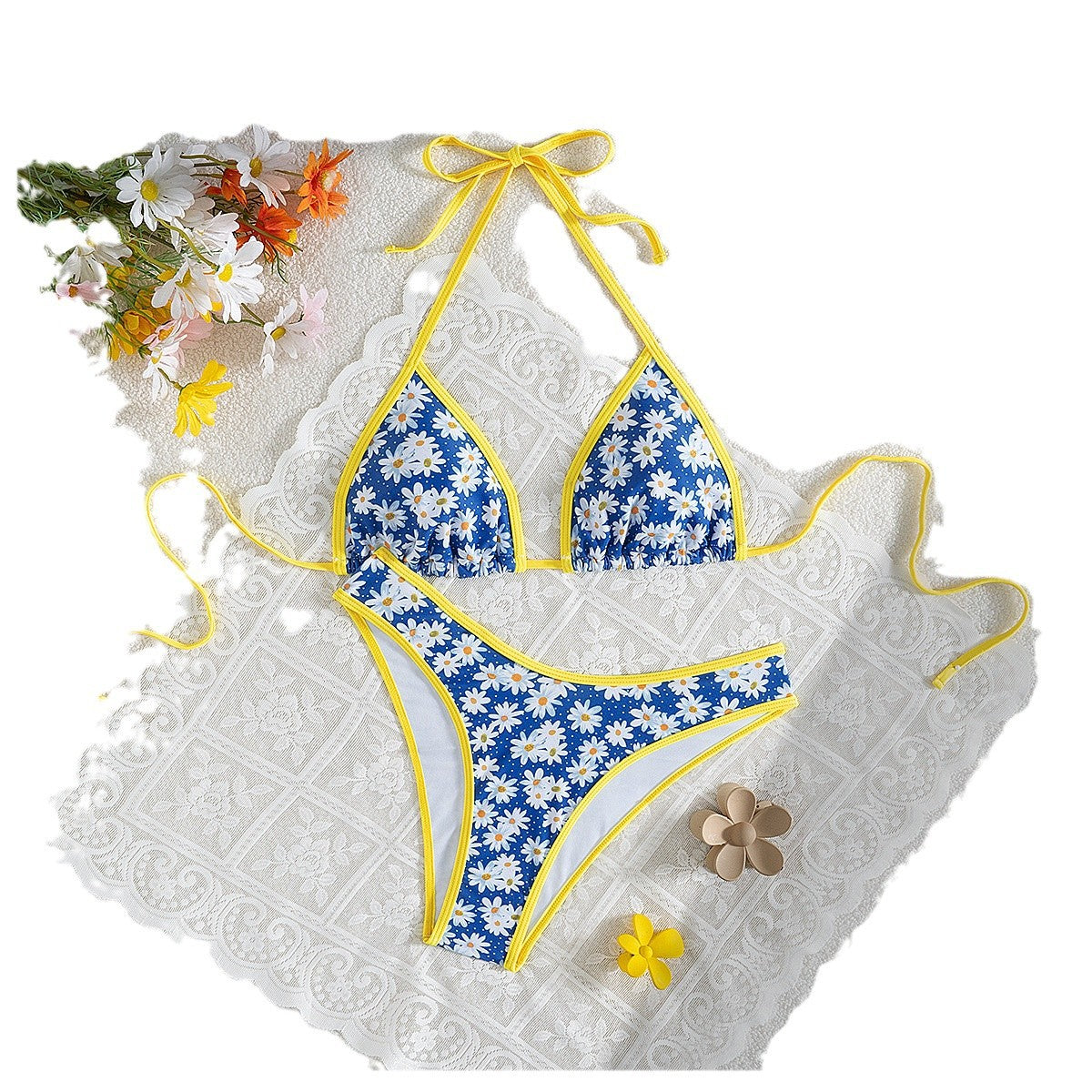 Damen Blumenmuster Bikini-Set mit verstellbaren Trägern und hohem Beinausschnitt R&B