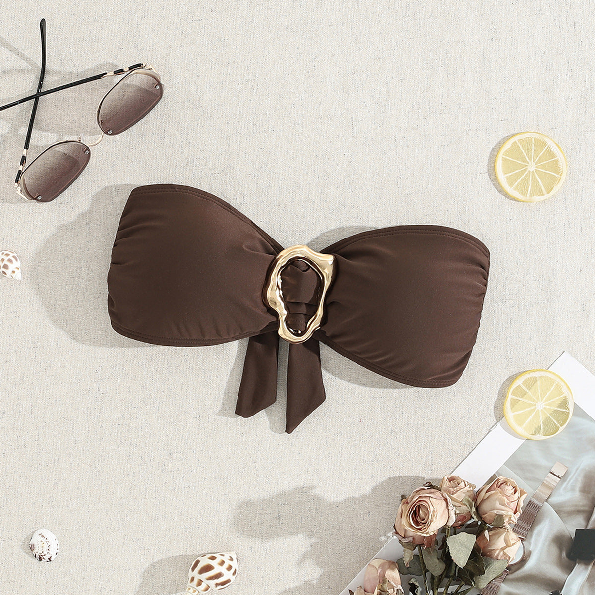 Damen Bandeau-Bikini mit eleganter Goldschließe R&B