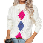 Damen Strickpullover mit modernem Rautenmuster und Zopfmuster R&B