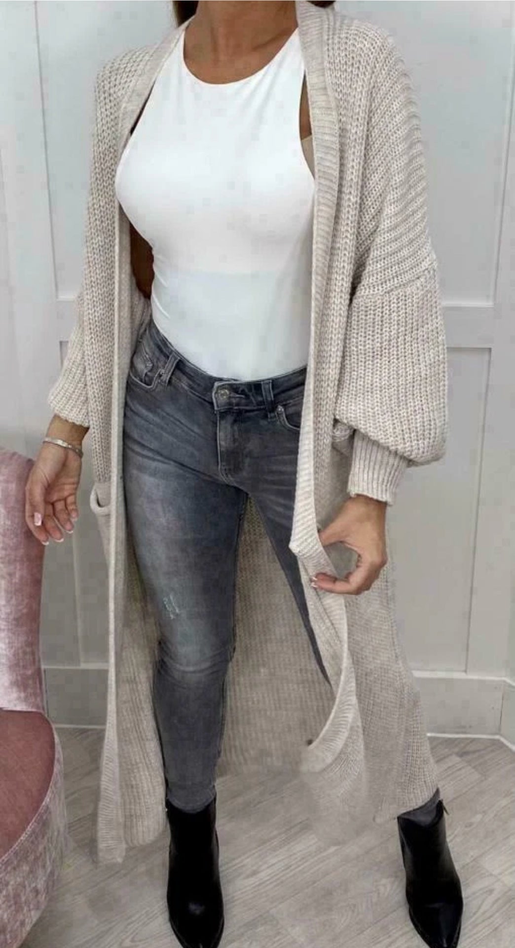 Damen Langer Strickcardigan mit strukturierter Maschenoptik und praktischen Taschen R&B