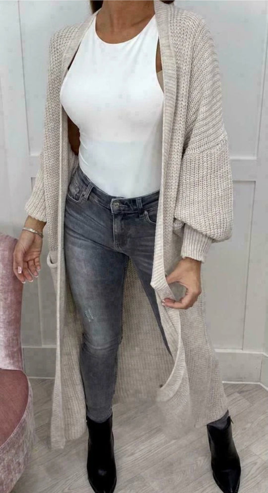 Damen Langer Strickcardigan mit strukturierter Maschenoptik und praktischen Taschen R&B