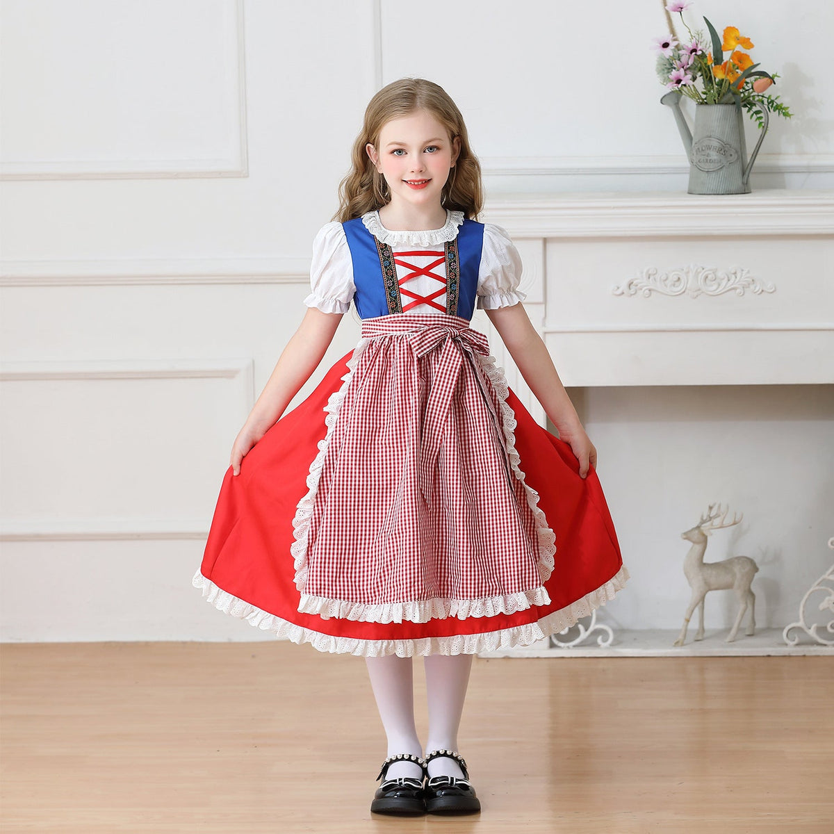 Damen nan traditionelles Kinder-Dirndl Kleid mit geraffter Schürze und Spitzenbesatz R&B