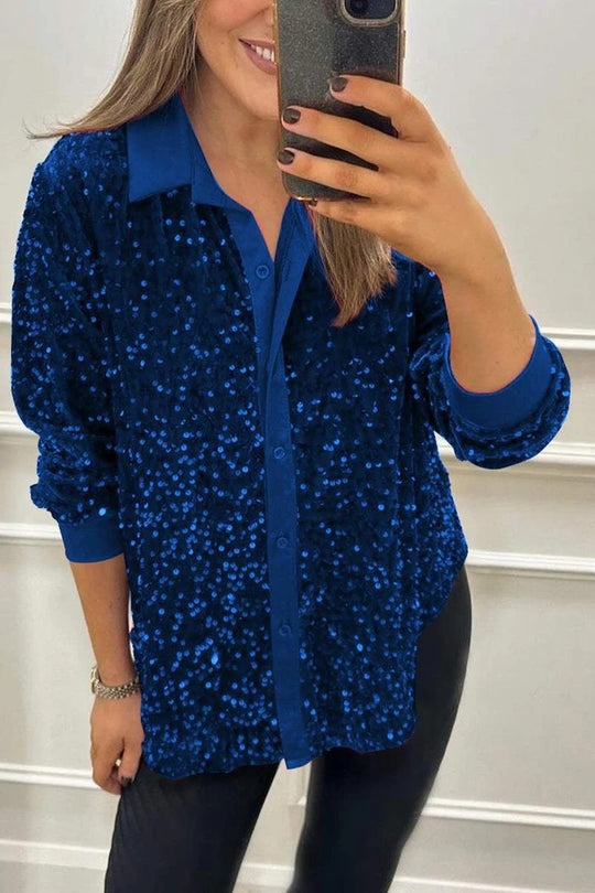 Damen Glitzernde Bluse aus Pailletten mit klassischem Kragen R&B
